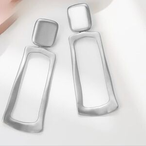 Fashion Jewelry Silver Metal Rectangular Geometric Open Hoop Clip-On Earrings